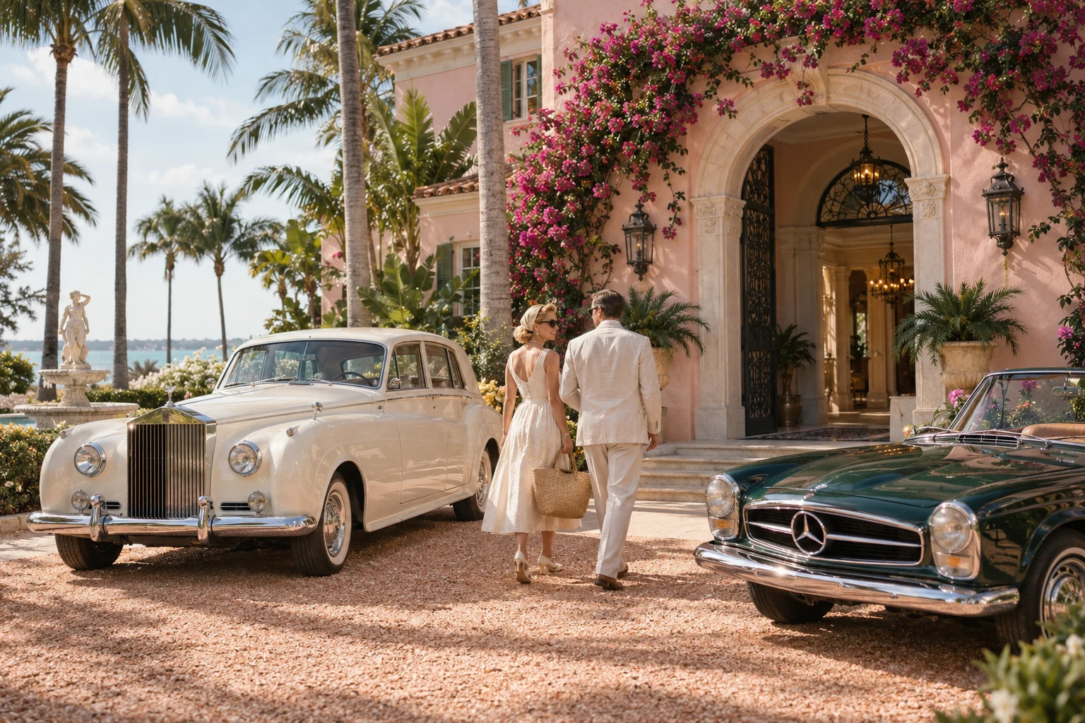 A vintage Rolls-Royce and Mercedes at a bougainvillea-covered Palm Beach estate