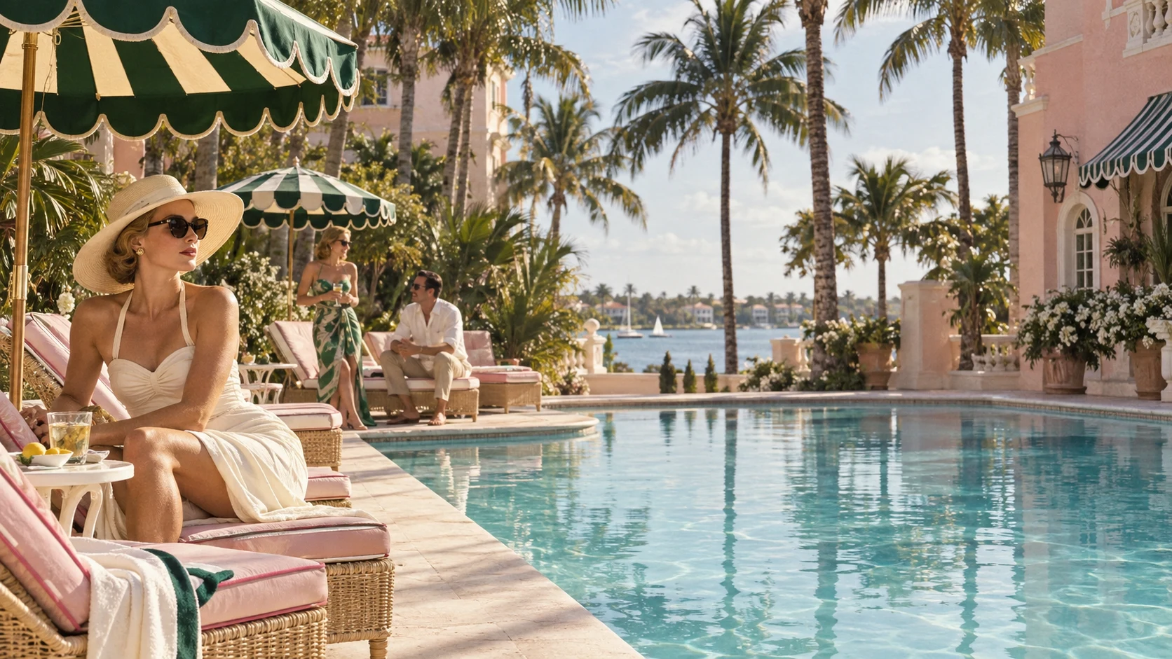 A sunlit Palm Beach pool terrace with green-and-ivory scalloped umbrellas and friends in vintage resortwear