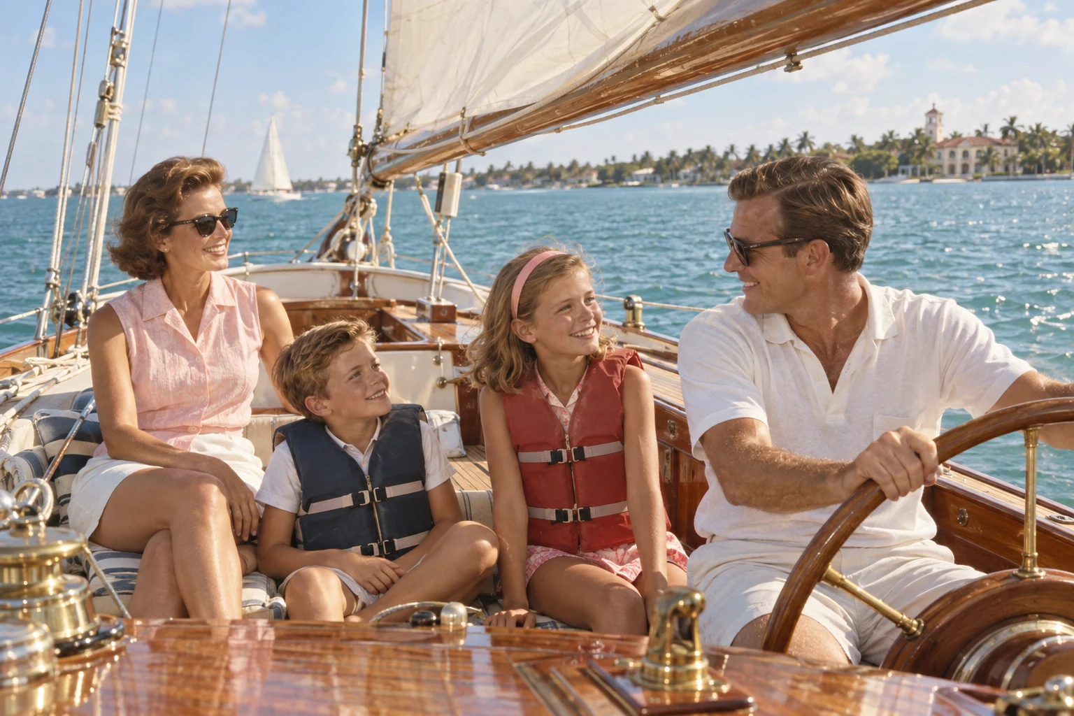 A family enjoying a summer sail on a classic teak-deck yacht