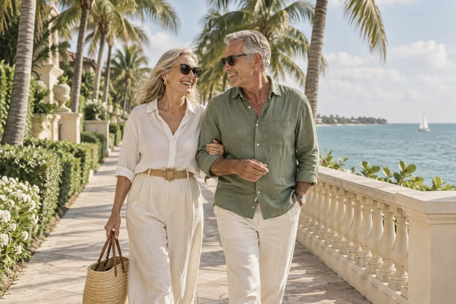 An older couple enjoying a palm-lined seaside walk in ivory and sage linen.