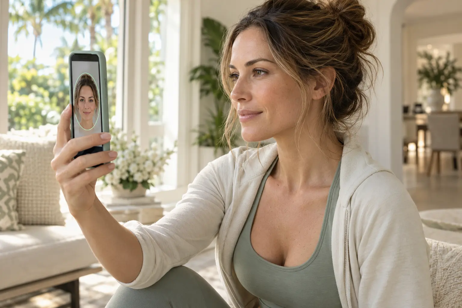 A woman in sage activewear following a face-positioning guide on her phone in a sunlit home